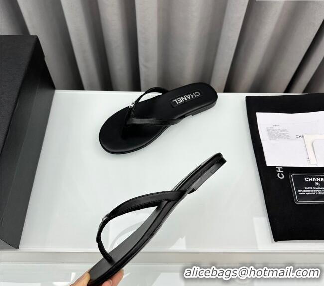 ​Super Quality Chanel Lambskin Flat Thong Slide Sandals with Crystal CC G45716 Black 2024