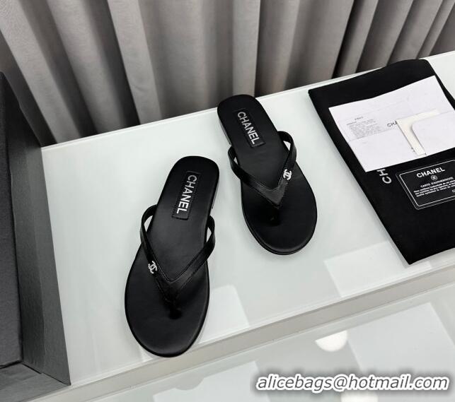 ​Super Quality Chanel Lambskin Flat Thong Slide Sandals with Crystal CC G45716 Black 2024