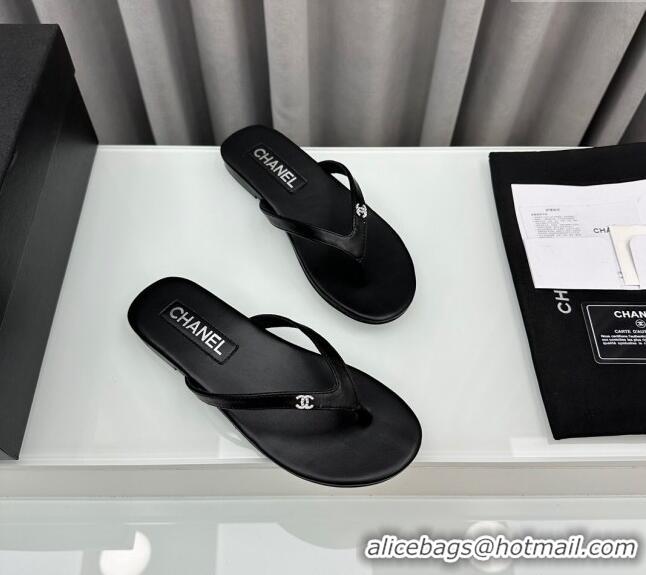 ​Super Quality Chanel Lambskin Flat Thong Slide Sandals with Crystal CC G45716 Black 2024