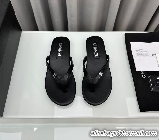 ​Super Quality Chanel Lambskin Flat Thong Slide Sandals with Crystal CC G45716 Black 2024