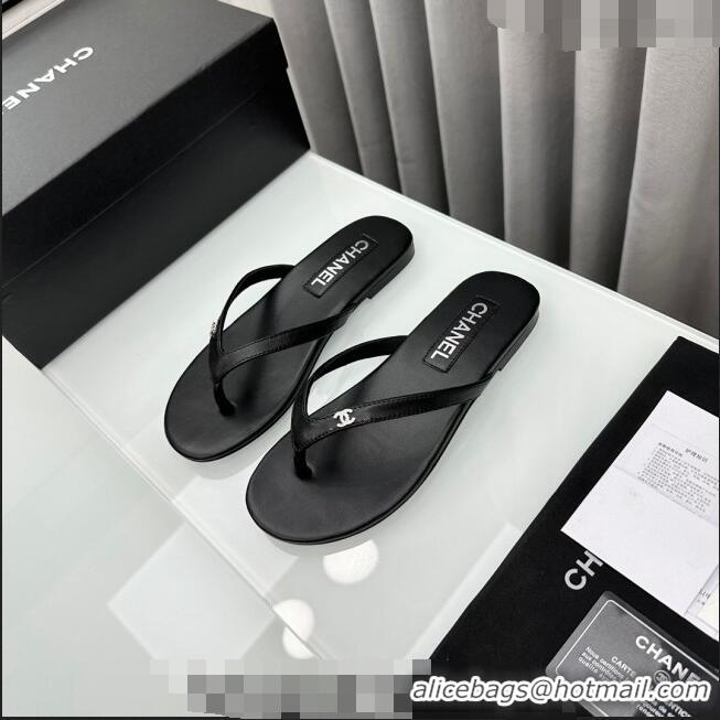 ​Super Quality Chanel Lambskin Flat Thong Slide Sandals with Crystal CC G45716 Black 2024