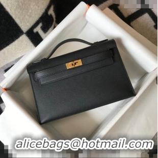 New Design Hermes Mini Kelly Pochette Bag 22cm in Epsom Leather 7117 Black/Gold 2024 (Half Handmade)