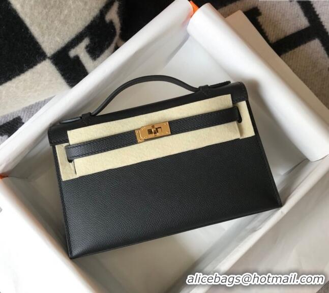 New Design Hermes Mini Kelly Pochette Bag 22cm in Epsom Leather 7117 Black/Gold 2024 (Half Handmade)