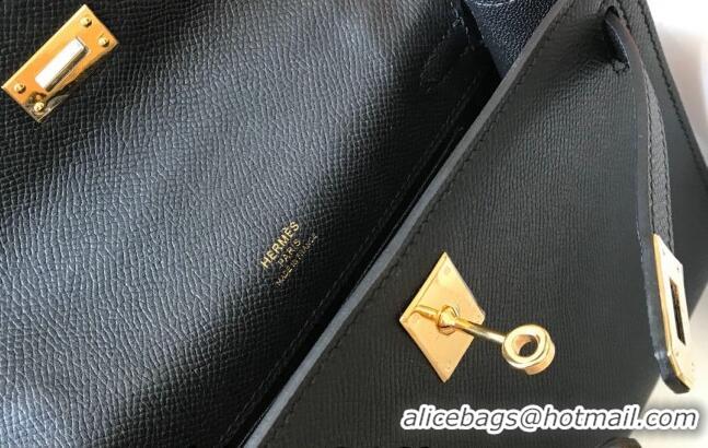 New Design Hermes Mini Kelly Pochette Bag 22cm in Epsom Leather 7117 Black/Gold 2024 (Half Handmade)