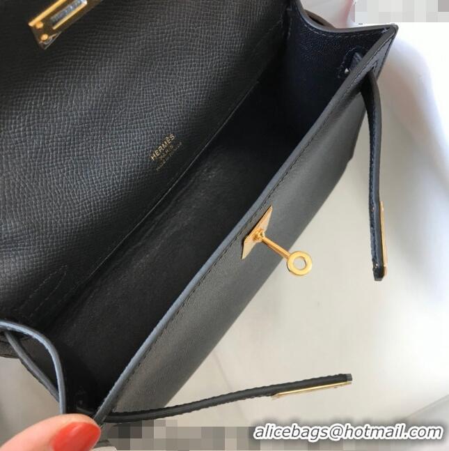 New Design Hermes Mini Kelly Pochette Bag 22cm in Epsom Leather 7117 Black/Gold 2024 (Half Handmade)