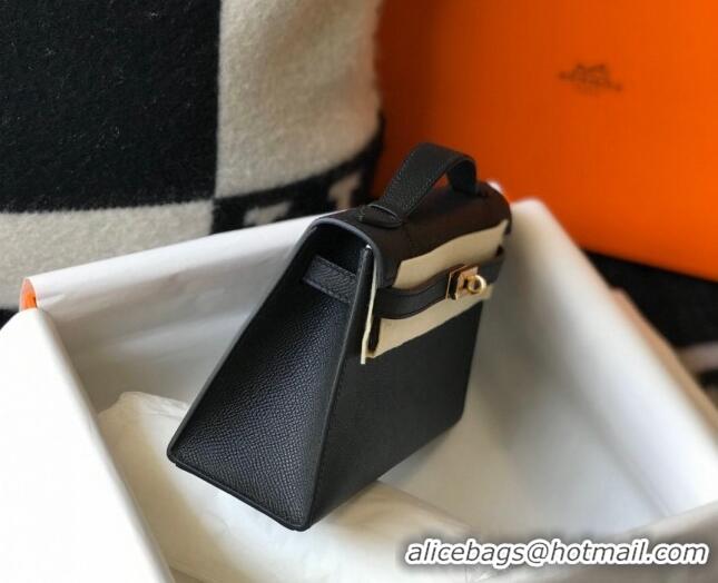 New Design Hermes Mini Kelly Pochette Bag 22cm in Epsom Leather 7117 Black/Gold 2024 (Half Handmade)