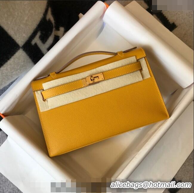 New Fashion Hermes Mini Kelly Pochette Bag 22cm in Epsom Leather 7117 Amber Yellow 2024 (Half Handmade)