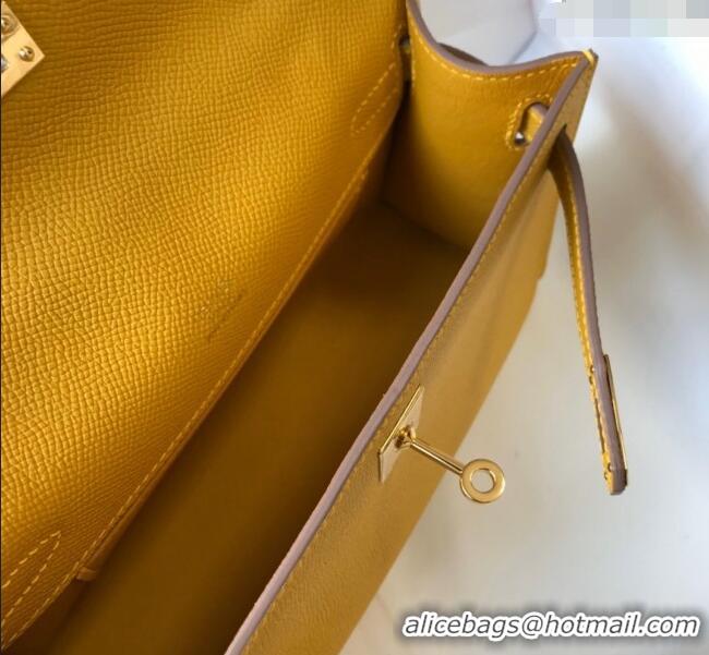 New Fashion Hermes Mini Kelly Pochette Bag 22cm in Epsom Leather 7117 Amber Yellow 2024 (Half Handmade)