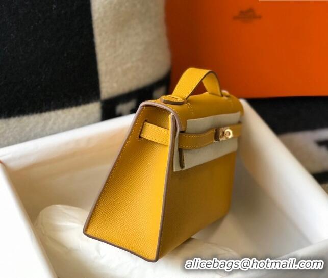 New Fashion Hermes Mini Kelly Pochette Bag 22cm in Epsom Leather 7117 Amber Yellow 2024 (Half Handmade)