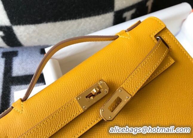 New Fashion Hermes Mini Kelly Pochette Bag 22cm in Epsom Leather 7117 Amber Yellow 2024 (Half Handmade)