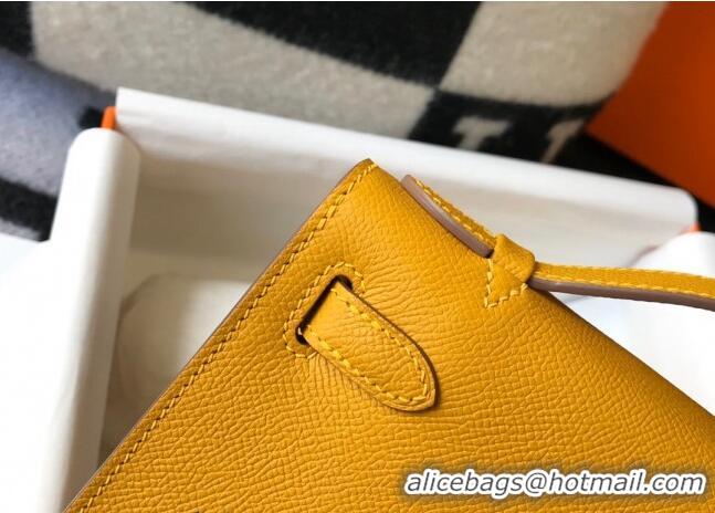 New Fashion Hermes Mini Kelly Pochette Bag 22cm in Epsom Leather 7117 Amber Yellow 2024 (Half Handmade)