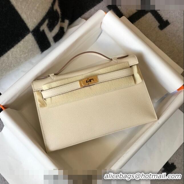 Top Quality Hermes Mini Kelly Pochette Bag 22cm in Epsom Leather 7117 Cream White/Gold 2024 (Half Handmade)