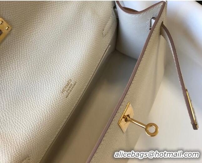 Top Quality Hermes Mini Kelly Pochette Bag 22cm in Epsom Leather 7117 Cream White/Gold 2024 (Half Handmade)