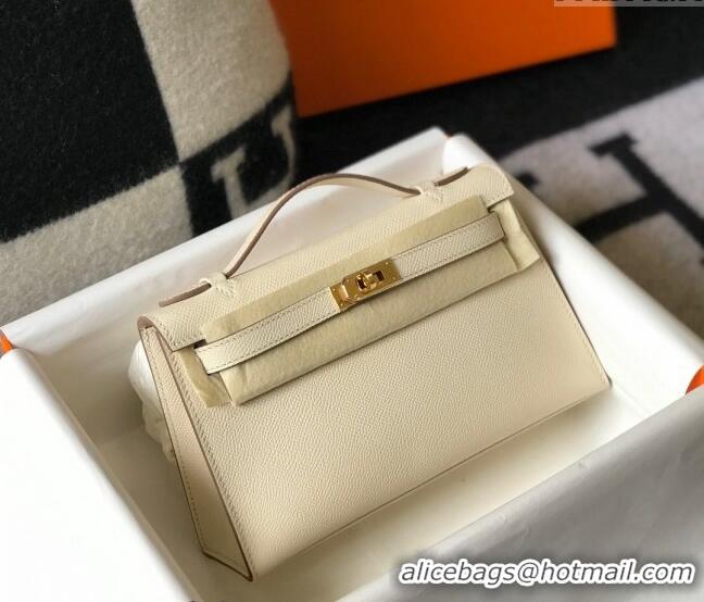 Top Quality Hermes Mini Kelly Pochette Bag 22cm in Epsom Leather 7117 Cream White/Gold 2024 (Half Handmade)