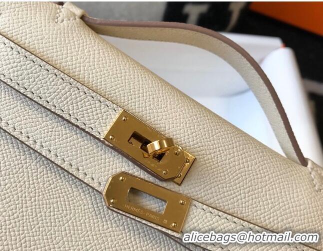 Top Quality Hermes Mini Kelly Pochette Bag 22cm in Epsom Leather 7117 Cream White/Gold 2024 (Half Handmade)