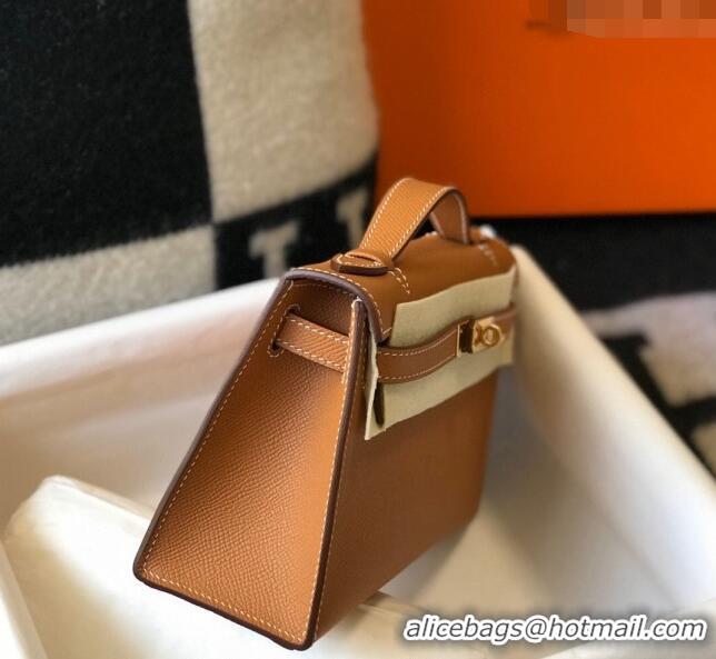 Best Quality Hermes Mini Kelly Pochette Bag 22cm in Epsom Leather 7117 Golden Brown 2024 (Half Handmade)