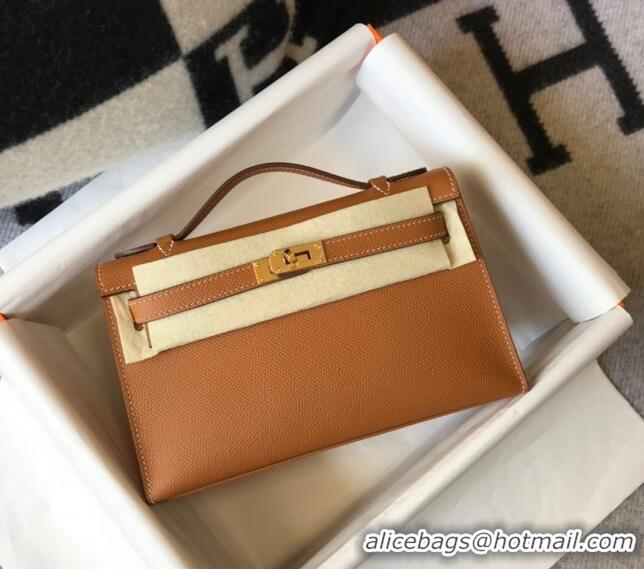 Best Quality Hermes Mini Kelly Pochette Bag 22cm in Epsom Leather 7117 Golden Brown 2024 (Half Handmade)