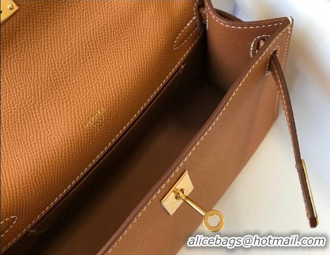 Best Quality Hermes Mini Kelly Pochette Bag 22cm in Epsom Leather 7117 Golden Brown 2024 (Half Handmade)