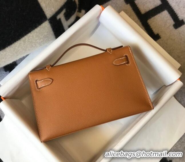 Best Quality Hermes Mini Kelly Pochette Bag 22cm in Epsom Leather 7117 Golden Brown 2024 (Half Handmade)