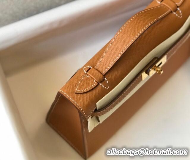 Best Quality Hermes Mini Kelly Pochette Bag 22cm in Epsom Leather 7117 Golden Brown 2024 (Half Handmade)