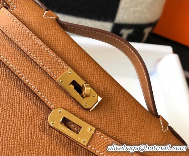 Best Quality Hermes Mini Kelly Pochette Bag 22cm in Epsom Leather 7117 Golden Brown 2024 (Half Handmade)