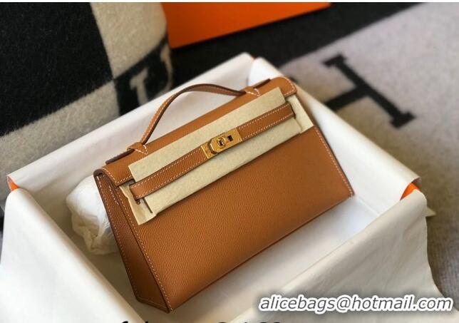 Best Quality Hermes Mini Kelly Pochette Bag 22cm in Epsom Leather 7117 Golden Brown 2024 (Half Handmade)