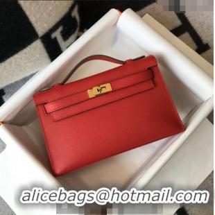 New Design Hermes Mini Kelly Pochette Bag 22cm in Epsom Leather 7117 Chinese Red 2024 (Half Handmade)