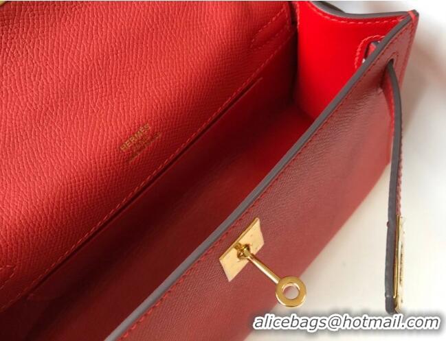 New Design Hermes Mini Kelly Pochette Bag 22cm in Epsom Leather 7117 Chinese Red 2024 (Half Handmade)