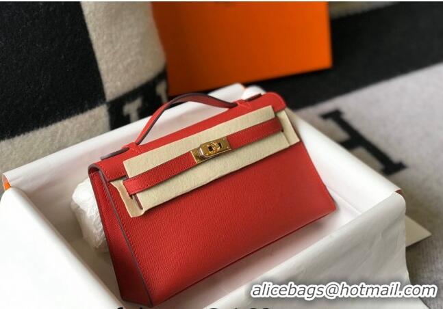 New Design Hermes Mini Kelly Pochette Bag 22cm in Epsom Leather 7117 Chinese Red 2024 (Half Handmade)