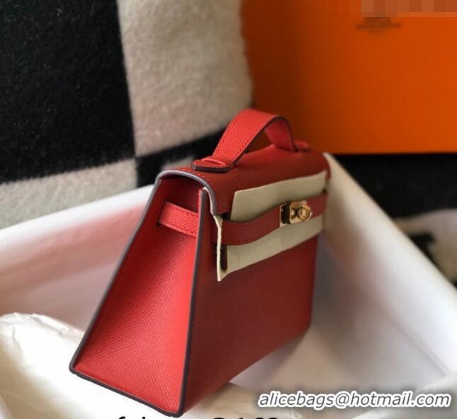 New Design Hermes Mini Kelly Pochette Bag 22cm in Epsom Leather 7117 Chinese Red 2024 (Half Handmade)