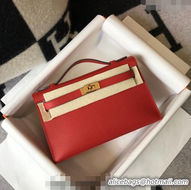 New Design Hermes Mini Kelly Pochette Bag 22cm in Epsom Leather 7117 Chinese Red 2024 (Half Handmade)