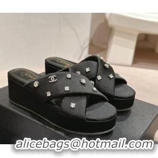 Top Grade Chanel Fabric Wedge Slide Sandals 5cm with Crystals Charm Black 424090