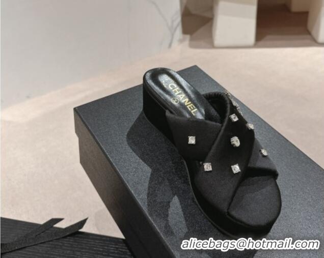 Top Grade Chanel Fabric Wedge Slide Sandals 5cm with Crystals Charm Black 424090