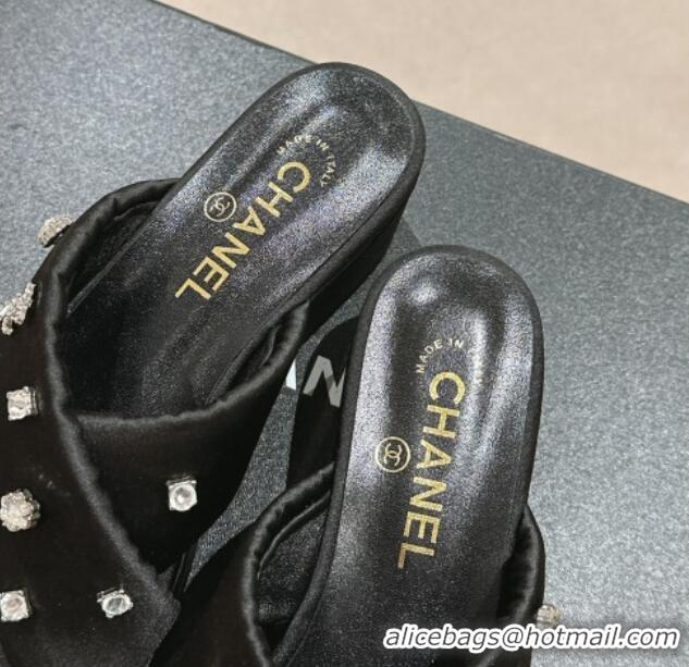 Top Grade Chanel Fabric Wedge Slide Sandals 5cm with Crystals Charm Black 424090