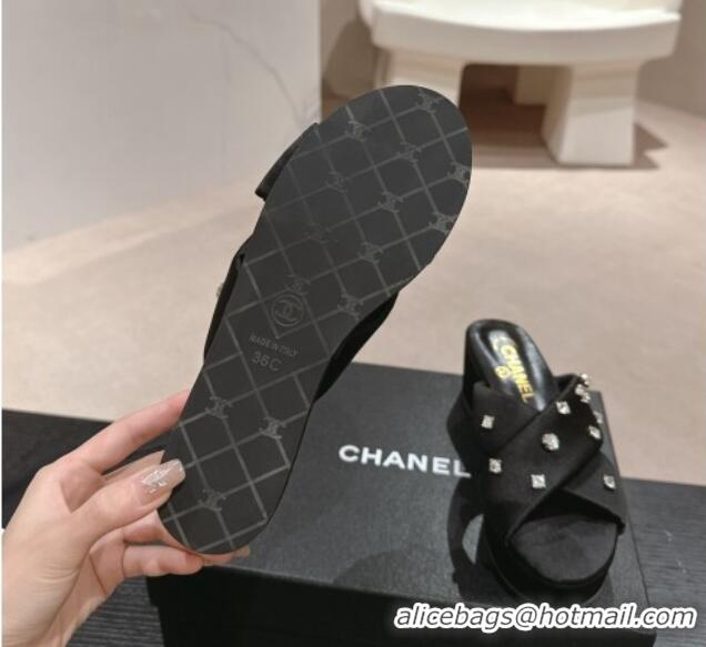 Top Grade Chanel Fabric Wedge Slide Sandals 5cm with Crystals Charm Black 424090