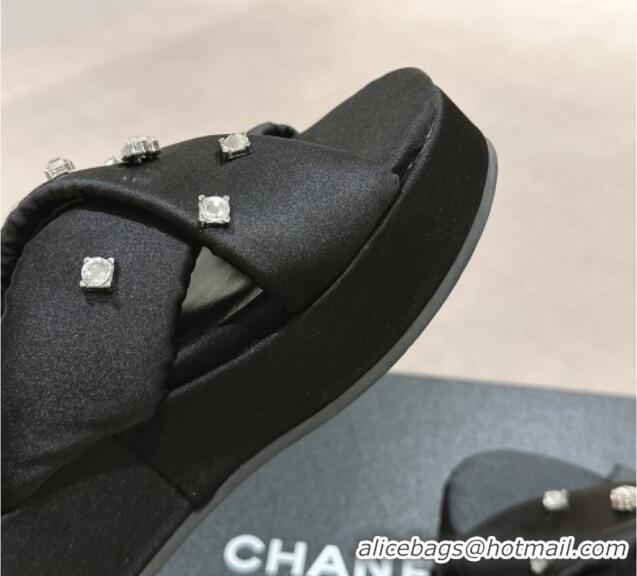 Top Grade Chanel Fabric Wedge Slide Sandals 5cm with Crystals Charm Black 424090