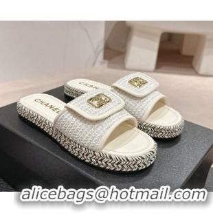 Charming Chanel Tweed Flat Slide Sandals with Foldover White 424091