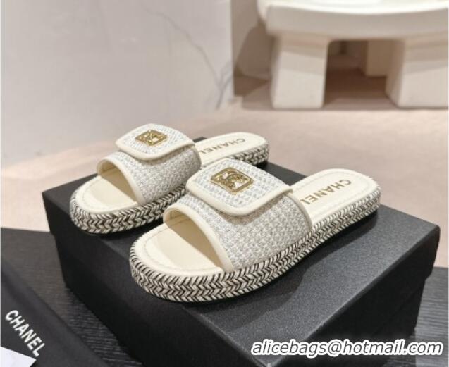 Charming Chanel Tweed Flat Slide Sandals with Foldover White 424091