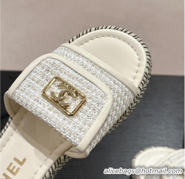 Charming Chanel Tweed Flat Slide Sandals with Foldover White 424091