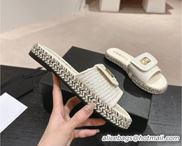 Charming Chanel Tweed Flat Slide Sandals with Foldover White 424091