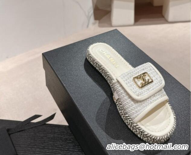 Charming Chanel Tweed Flat Slide Sandals with Foldover White 424091