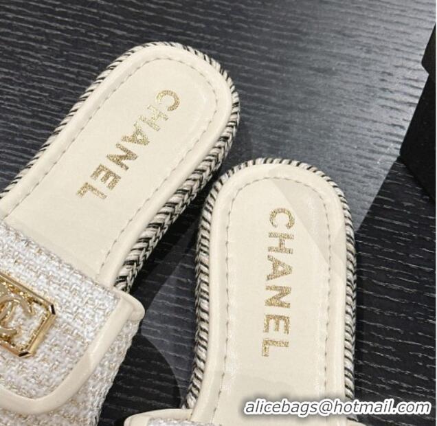 Charming Chanel Tweed Flat Slide Sandals with Foldover White 424091