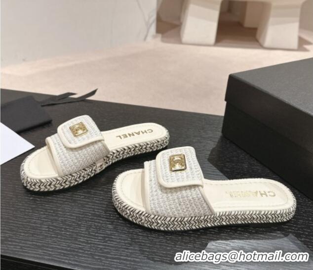 Charming Chanel Tweed Flat Slide Sandals with Foldover White 424091