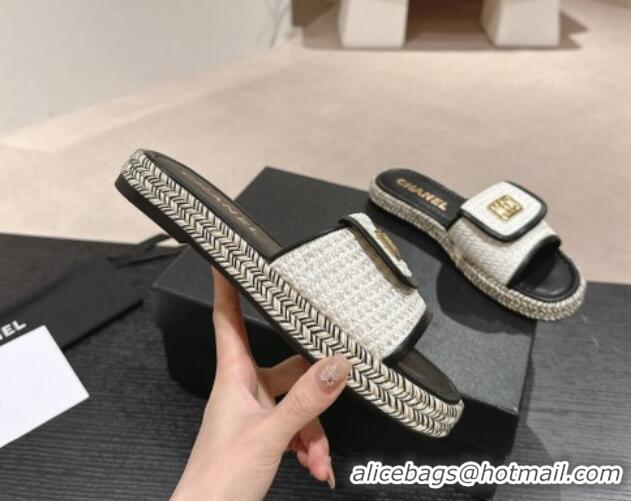 Popular Style Chanel Tweed Flat Slide Sandals with Foldover Black 424092