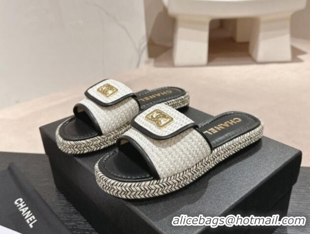 Popular Style Chanel Tweed Flat Slide Sandals with Foldover Black 424092