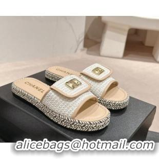 Good Quality Chanel Tweed Flat Slide Sandals with Foldover Beige 424093