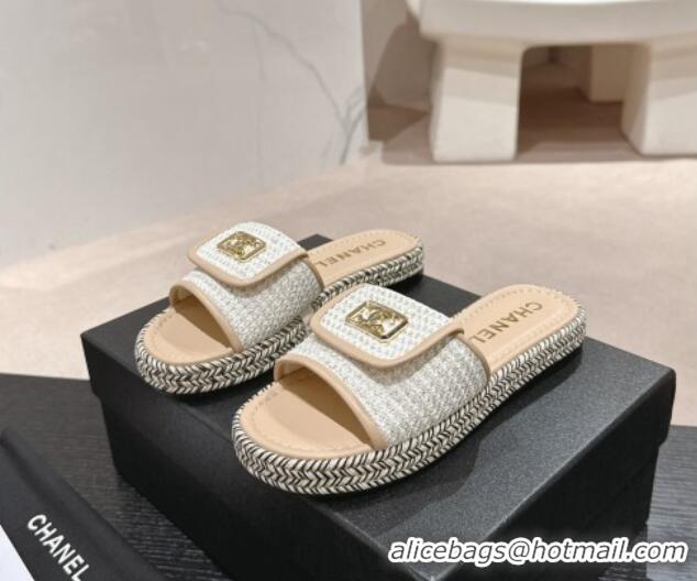 Good Quality Chanel Tweed Flat Slide Sandals with Foldover Beige 424093