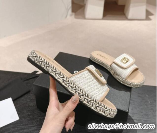 Good Quality Chanel Tweed Flat Slide Sandals with Foldover Beige 424093