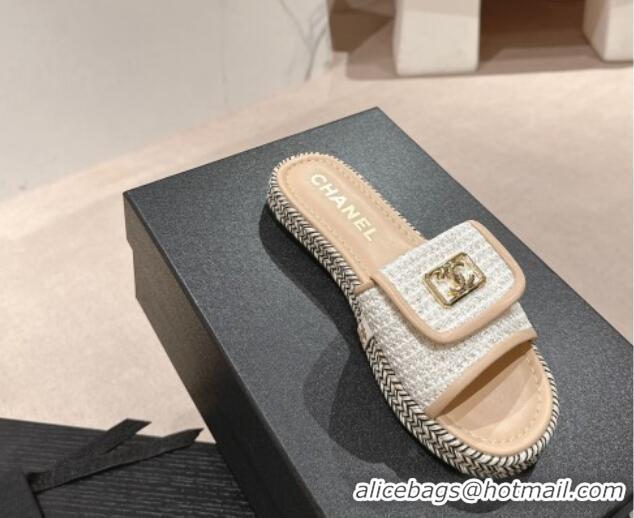 Good Quality Chanel Tweed Flat Slide Sandals with Foldover Beige 424093