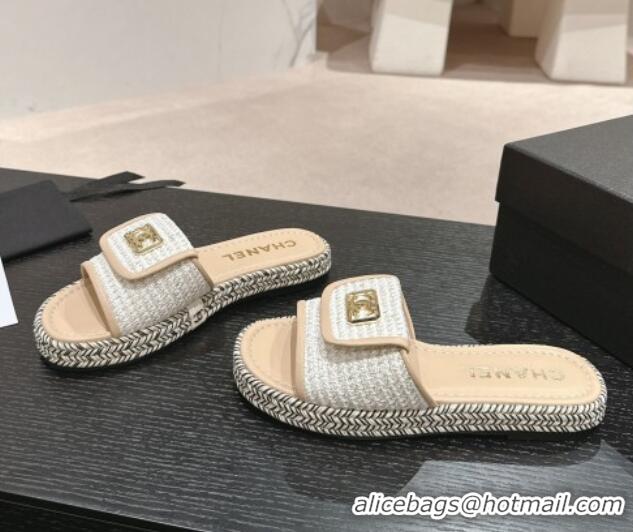 Good Quality Chanel Tweed Flat Slide Sandals with Foldover Beige 424093